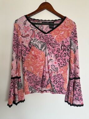 Impressions Vintage Pink Bell Sleeve Petite M Boho Y2K Paisley Blouse